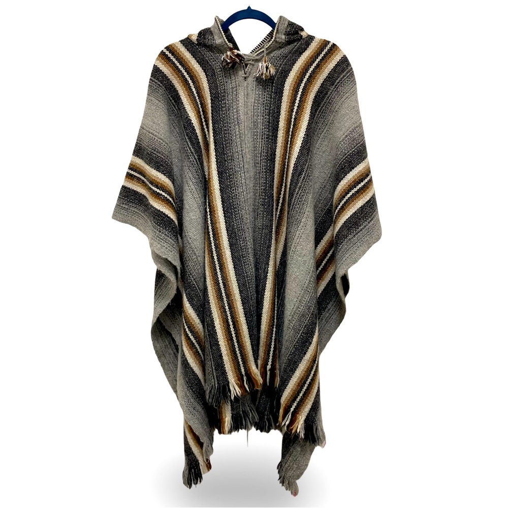 Wool Blend Ethnic Striped Grey Hooded Poncho